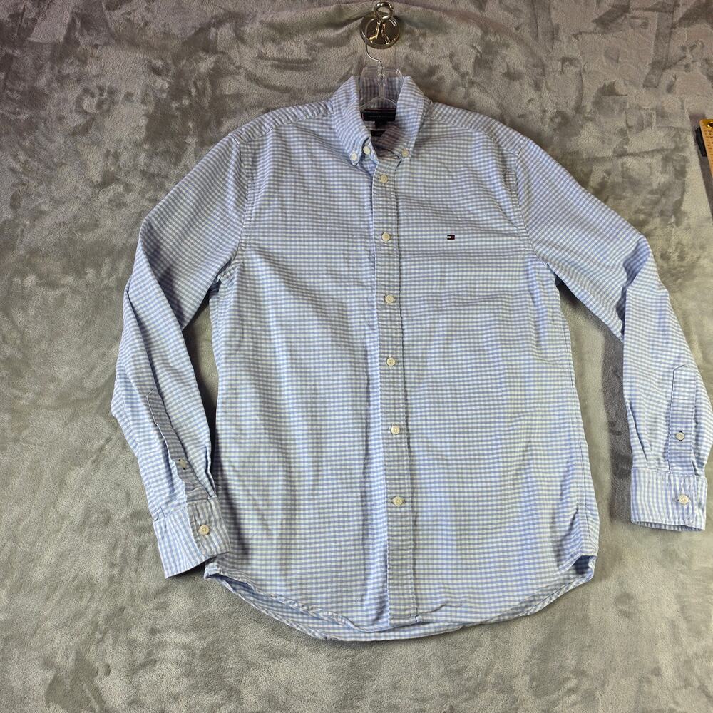 Tommy Hilfiger Men's Small Regular Fit Light Blue White Gingham Button Down